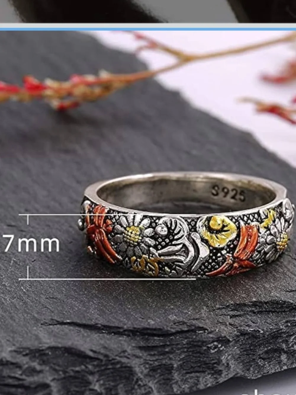 Vintage Silver and Rose Gold Colorful Carved Dragonfly Ring, Size 7, NWOT - Picture 4 of 5